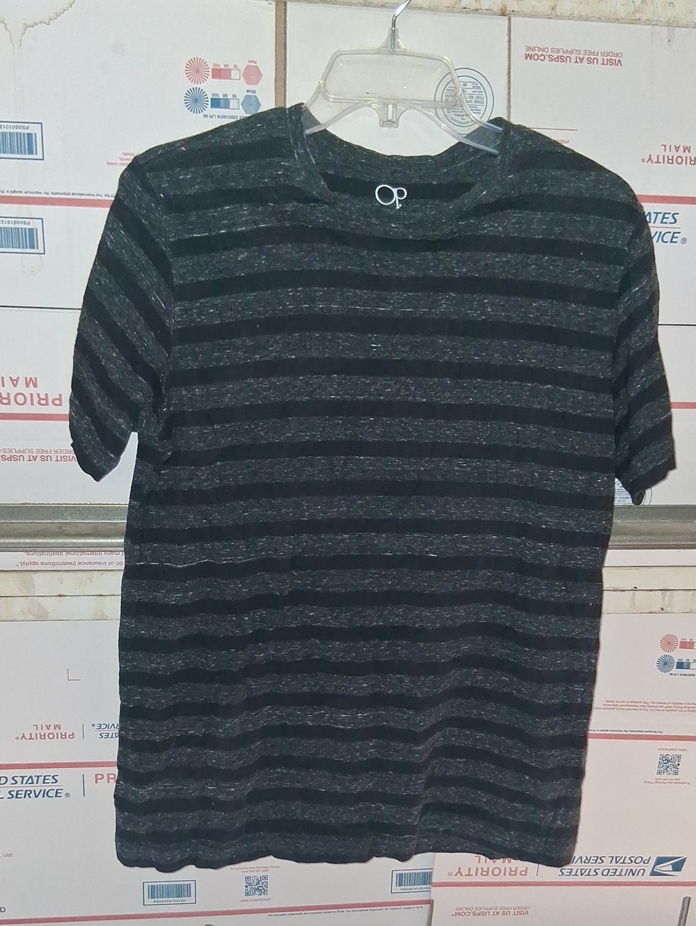 OP Size M Men’s Black & Charcoal Striped Crew Neck T-Shirt (SKU A 106)